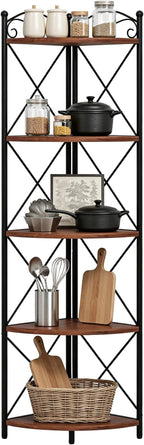 VECELO 5 Tier Corner Shelf Stand, 55.2" Tall Corner Bookshelf, Plant Stand, Rustic Brown Corner Storage Shelf for Living Room, Kitchen, Bedroom, Office