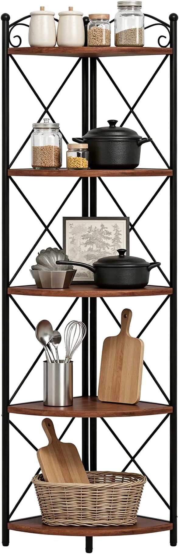 VECELO 5 Tier Corner Shelf Stand, 55.2" Tall Corner Bookshelf, Plant Stand, Rustic Brown Corner Storage Shelf for Living Room, Kitchen, Bedroom, Office
