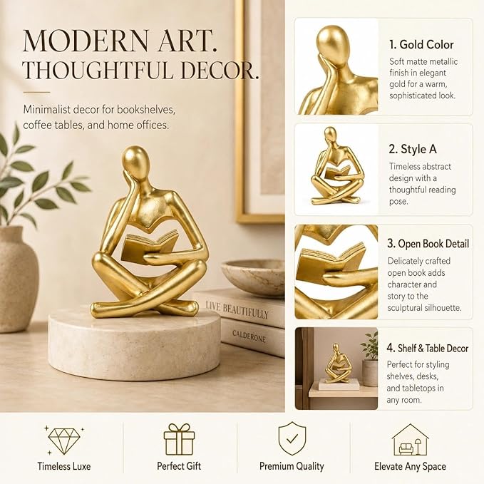 Gold Accent Bookshelf Decor Thinker Statue, Abstract Reading Figurine Style A, Resin Decorative Bookend for Coffee Table, Shelf, Office, Library