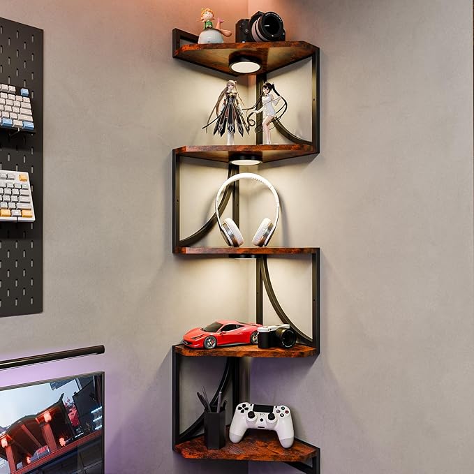 HAAYOT Corner Shelf Wall Mounted with Lights, 5-Tier Floating Metal Shelves for Living Room, Bedroom, Rustic Brown