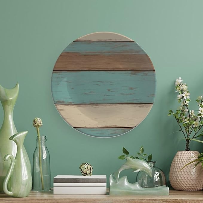 Wood Grain theme Decorative Ceramic Plate Round Porcelain Plate,10 inch,Vintage pattern,for Decorative Ornaments Giving Plates,1 Plate with 1 Display Stand,Blue White