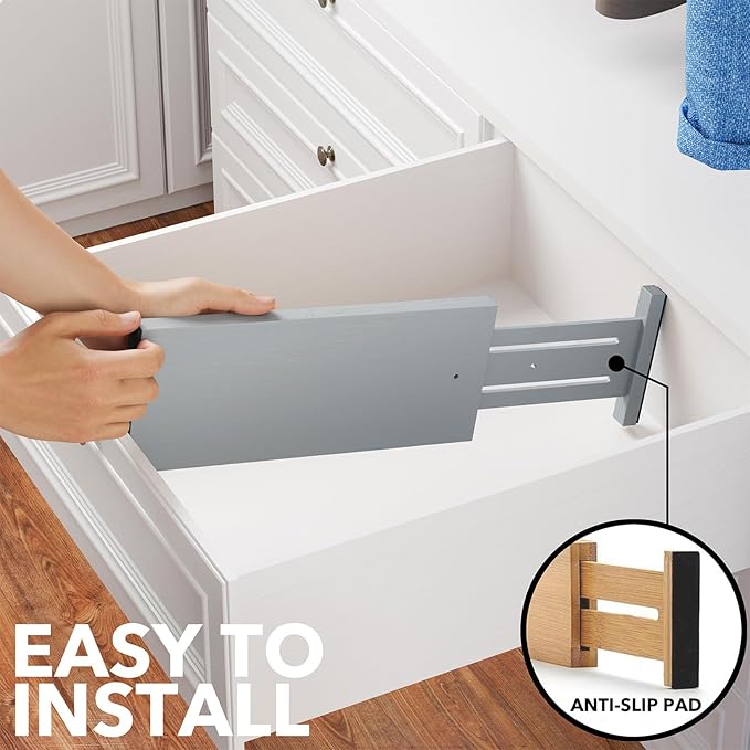 SpaceAid Bamboo 4 Pack Dresser Drawer Dividers, 4.65“ High Adjustable 12.5“-17” Drawer Organizers, Expandable Organization for Clothing, Clothes, Dressers, Gray