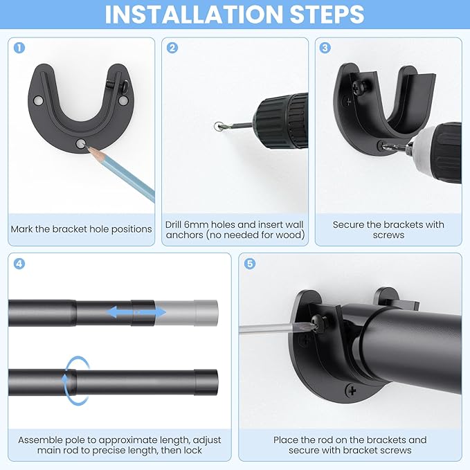 Closet Rods for Hanging Clothes, 17 to 54 Inch Stepless Adjustable Closet Rod, 1.3 Inch Diameter Metal Heavy Duty Closet Hanging Rod for Closet Wardrobes Laundry RV, Black