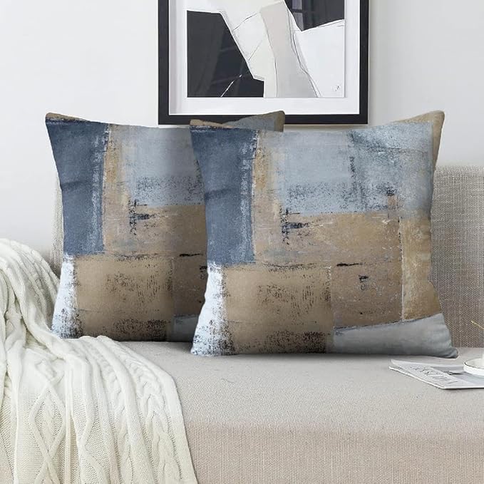 Brown Gray Abstract Art Artwork Pillow Cover, Gallery Modern Decorative Throw Pillows Cushion Cover for Bedroom Sofa Living Room 24 x 24 Inch Set of 2