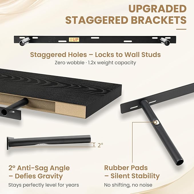 FLYJOE 36 Inch Long Floating Shelves for Wall Set of 1, 12" D Wood Grain Bathroom Shelves with Invisible Brackets, Easy Install Engineered Wood Storage Shelves for Kitchen, Living Room, Bedroom