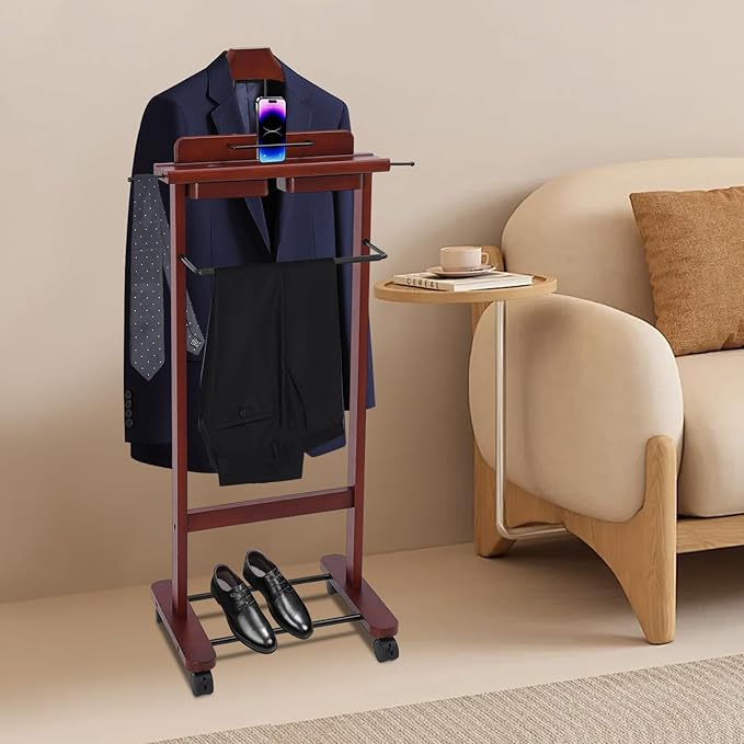 Suit Valet Stand for Men, Wood Suit Rack, Mens Valet Stand, Clothes Stand with Universal Wheels, Freestanding Clothing Stand for Home, Office, Hotel, Upscale Clubs
