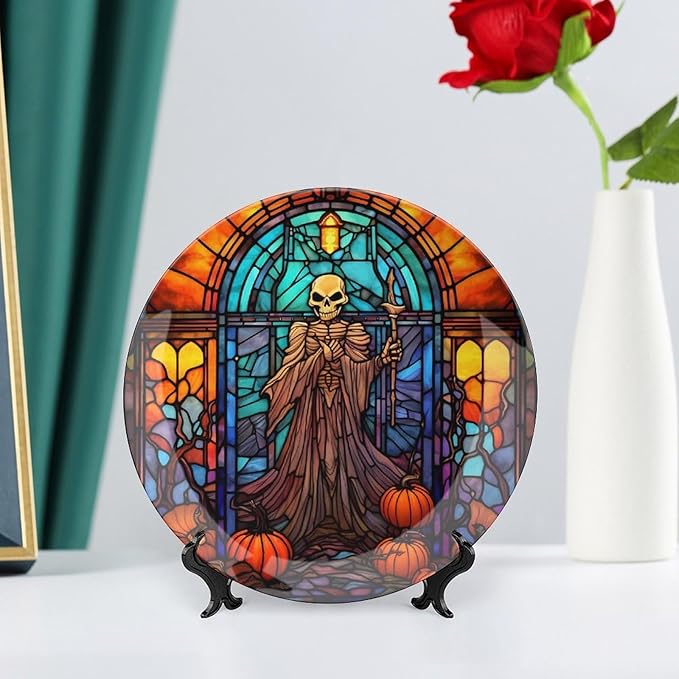 Decorative Plates, Halloween Spooky Stained Glass Design Display Plate for Home Office Kitchen Table Decor Porcelain Plates 8 Inch, Gifts for Halloween