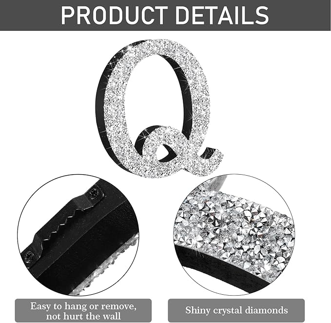 Qunclay 5.7" Silver Crystal Diamond Bling Letters Crushed Diamond Decoration Wooden Glitter Letter with Screw and Hooks Rhinestone Gift for Wedding Y2k Mcbling Bedroom Wall Decor (Letter Q)