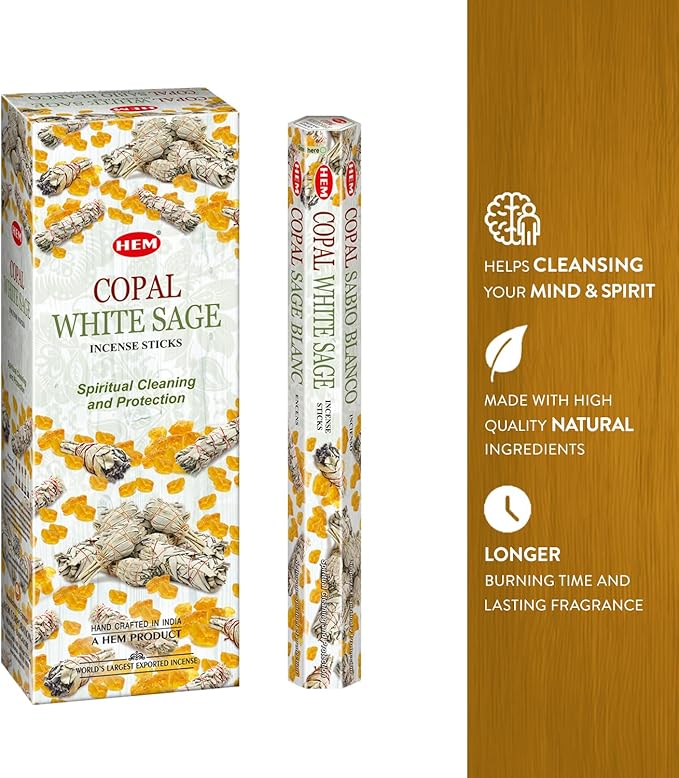Hem Copal White Incense Sticks – Pack of 6 Boxes (120 Sticks Total, 9-Inch Long) | Natural Hand-Rolled Aroma for Meditation, Relaxation & Cleansing | Promotes Calm & Spiritual Upliftment
