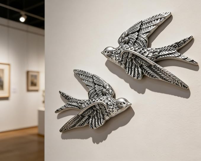 AMOIENSIS Bird Wall Sculpture Art, (Set of 2) 4¾ inch Resin Metallic Silver Bird 3D Sculpted Floating Hanging Wall Sculpture Decoration