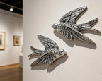 AMOIENSIS Bird Wall Sculpture Art, (Set of 2) 4¾ inch Resin Metallic Silver Bird 3D Sculpted Floating Hanging Wall Sculpture Decoration