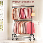 Heavy Duty Clothes Rack Load 600 LBS, Rolling Clothing Rack for Hanging Clothes with Lockable Wheels, Double Rod Garment Rack for Bedroom, Laundry, Clothing Store, Black