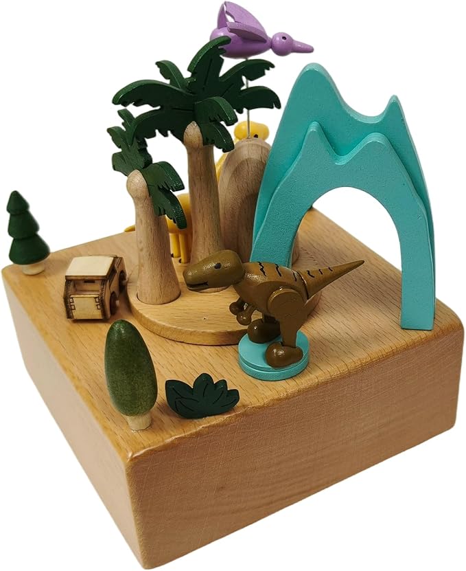 Briskfeel Wooden Jurassic Dinosaurs Music Box - Moving Car & Dinosaur, Mechanical Musical Box, Gift for Dinosaur Lovers and Music Box Enthusiasts, Unique Desk Decoration