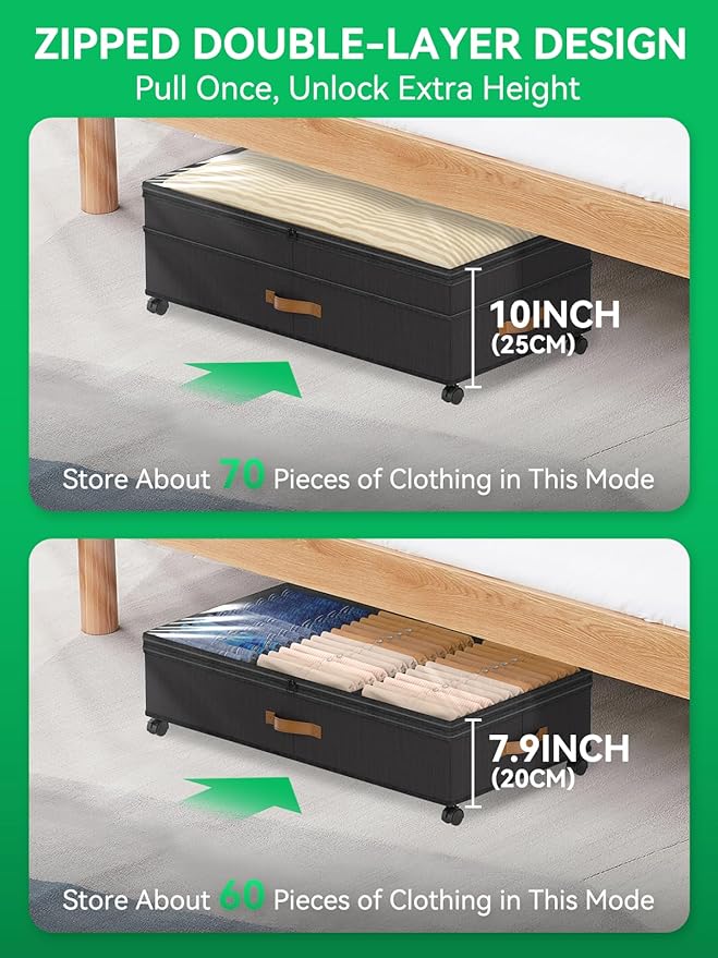 Under Bed Storage with Wheels, 2-Pack 72L XXXL Scalable Under Bed Storage Containers with Transparent Lids, Underbed Storage Organizer Rolling Bins for Shoes Clothes Sheet - Expandable Max