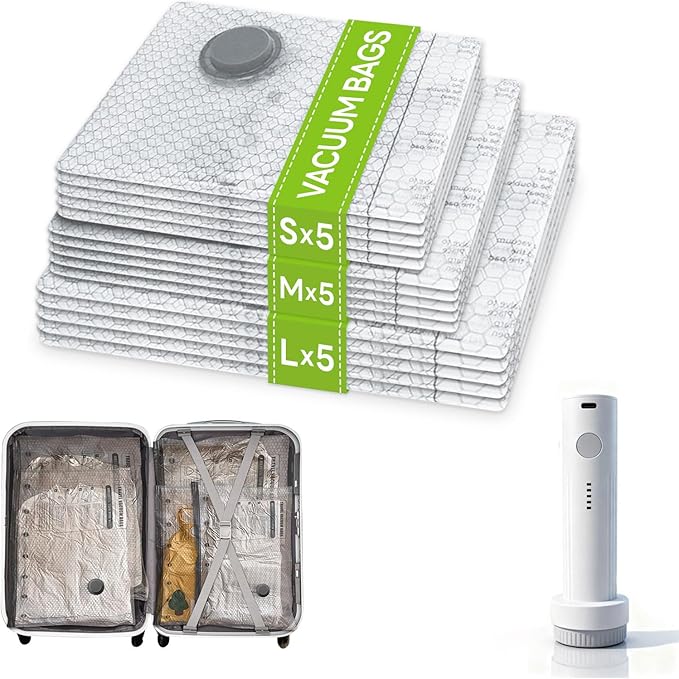 15 Pack Vacuum Bags for Travel with Rechargeable USB Pump,Space Saver Vacuum Storage Bags for Luggage and Suitcase,Portable Seal Bags for Clothes and Clothing Travel