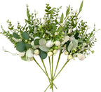 vivimemo 6 Pcs Summer Green Stems, 18 inch Artificial Eucalyptus Stem with White Florals for Home, Party & Wedding Decor Green Picks for Table Fireplace Vase DIY Wreath Decor