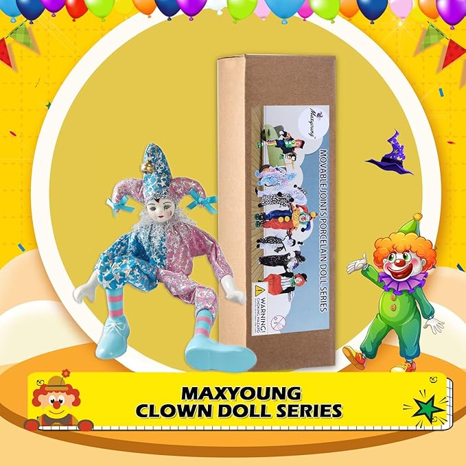 Maxyoung 14 Inch Porcelain Clown Doll Vintage Dolls Figurine, Collectible Figure, Hand Painted Toy, Christmas Halloween Birthday Gift, Twisted Body
