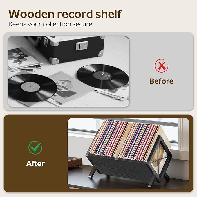 YATINEY Vinyl Record Holder, Record Storage Rack Holds 80-100 LP，Wooden and Metal Record Organizer, Quick Assembly Magazine Holder Vinyl Record Display Stand for CDs, Magazine, Albums, Black CJ06BB