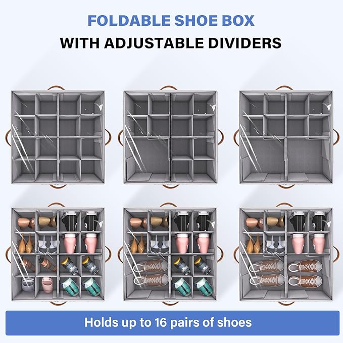 Dayacoco 1 Pack Shoe Organizer for Closet, Fits Up to 16 Pairs, Foldable Shoe Storage Organizer, shoe containers with Clear Cover, Large Shoe Boxes Boot Storage, Adjustable Dividers