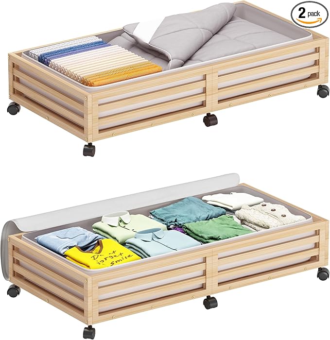 Wisuce Bamboo Under Bed Storage Containers- Underbed Organizer with Wheels with Large Dust Bag,Sturdy Wood Rolling Under the Bed Shoe Storage Organizer Drawer 2 Packs (Nature, Long)