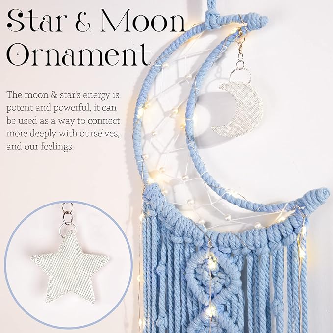 Boho Macrame Woven Wall Hanging, Crochet Crescent Moon Star Dream Catcher with Light- Blue Cotton Handmade Bohemian Home Decor Decoration Art for Kids Bedroom Nursery Dorm Room