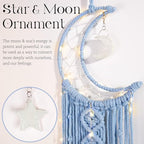 Macrame Moon Dream Catcher for Girl, Blue Boho Crescent Dreamcatcher for Bedroom Adult, Handmade Nursery Room Wall Hanging with Star Pendant for Teen Boy, Bohemian Home Decoration Idea