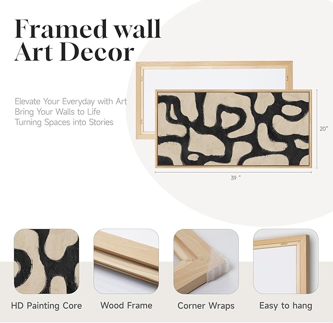 Framed Abstract Neutral Horizontal Wall Art Bedroom, Black Beige Mid Century Modern Artwork for Walls, Large Abstract Canvas Painting Print for Living Room Hallway Home Office Wall Decor, 20x40 Inch