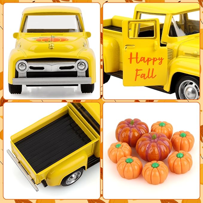 Fall Tiered Tray Decor Pumpkin Metal Truck with 8 PCS Plastic Pumpkin Fall Centerpieces for Thanksgiving Tables Home Kitchen Mantel Shelf Bookshelf Coffee Mini Truck Decorations