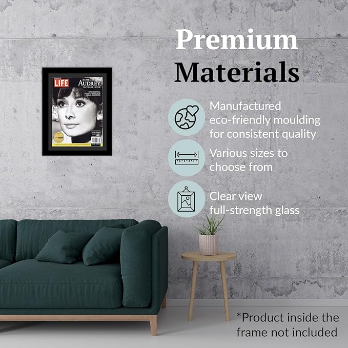 Creative Picture Frames 8.5 x 10.87 Magazine Frame with Full-Strength Glass, Holds Up To A 1/4" Thick Media with Installed Hangers for Easy Mounting, 11x14 Manhattan Black Frame with Black Mat