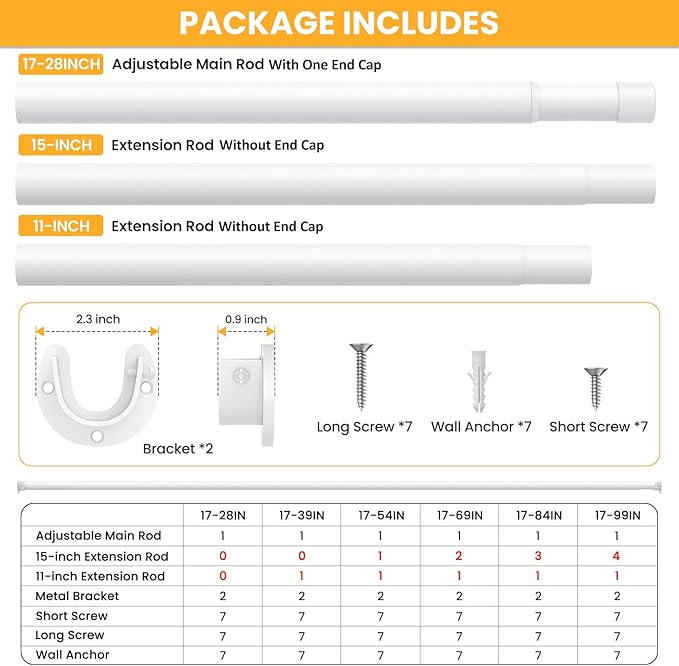 2 Pack Closet Rods for Hanging Clothes,17-84 Inch No-Cut Stepless Adjustable Closet Rod, 1.3 Inch Heavy Duty Metal Closet Hanging Rod with Brackets, White Closet Bar for Closet, Laundry Room, RV
