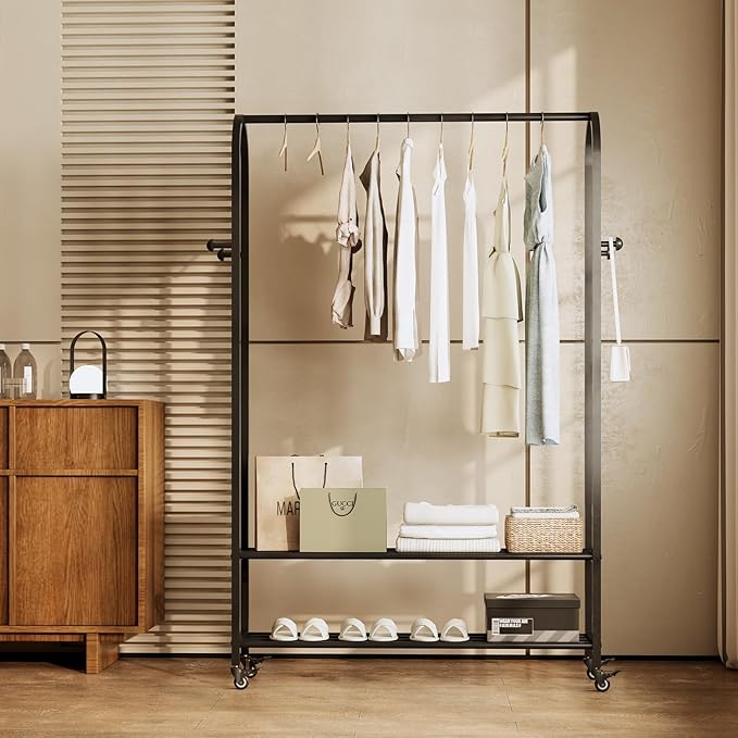 Sturdy Heavy Duty Clothes Rack With Wheels,Modern Clothing Rack With Shelves & hooks, Garment Racks for Hanging Clothes,Closet Rack for Bedroom,49.2in Wide,Clothes Storage and Display (black)