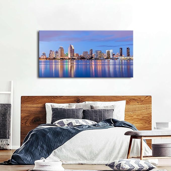 San Diego City Wall Art USA Cityscape Wall Decor Sunset San Diego Skyline Canvas Prints Picture California Night View Painting Poster Modern Artwork for Bedroom Living Room Home Decorations 24x48”