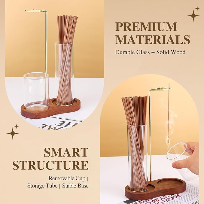 2 in 1 Incense Holder for Sticks with Glass Ash Catcher, Upside Down Anti-Ash Incense Stick Burner for Outdoor Patio, Modern Vertical Incense Holder for Home Decor, Spa, Meditation and Reddish Brown
