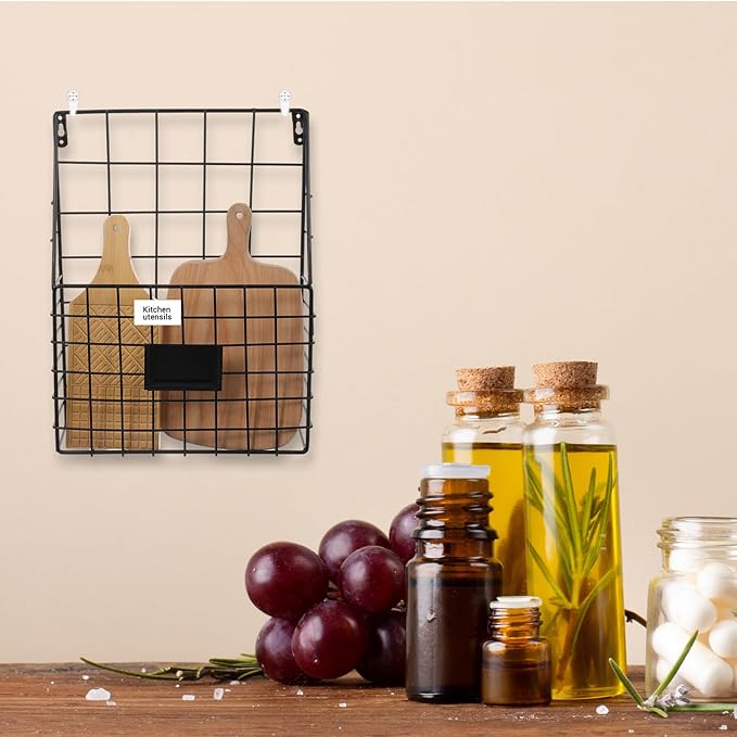 1 Pc Storage Racks, Metal Wire Wall Mounted Magazine Holder, Wall Hanging Organizer holder for Mail Files, Newspapers, Magazines with Tag Slot for Office, Home Organization, Black