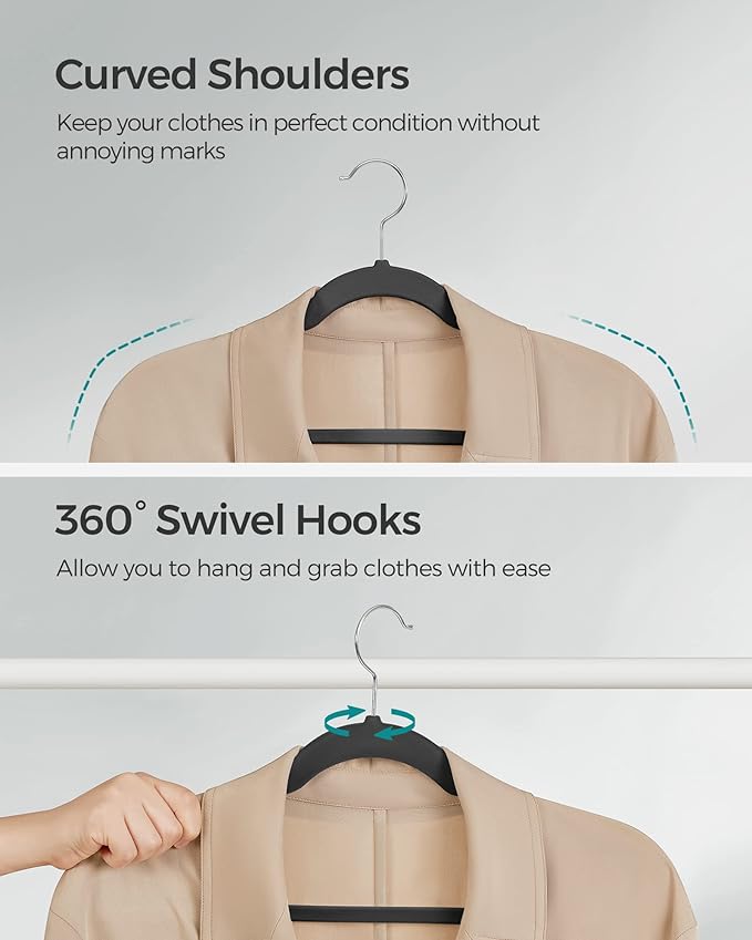 SONGMICS Velvet Hangers 10 Pack, Non-Slip Clothes Hangers with Shoulder Notches, Pants Bar, 360° Swivel Hook, Space-Saving, for Closet, Ink Black UCRF029B01