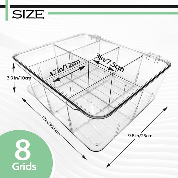 Sock Underwear Dresser Drawer Organizer with Dividers, Clear 8 Grids Plastic Storage Box Bin with Lid, Small Parts Bead Container for Jewelry Earring Scarves Ties Bras Crafts Fishing Tackle