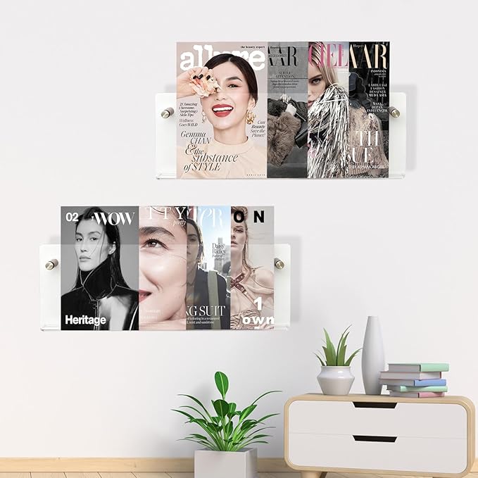 2-Pack 24 Inch Clear Acrylic Magazine Holder, Sleek Wall Mounted Brochure Rack & Floating Bookshelf, Modern Invisible Magazine Display for Office, Waiting Room, Living Room, Fashion Home Decor