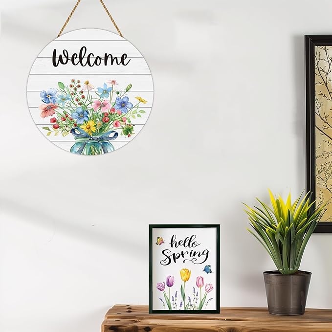Spring Decorations for Home Spring Door Decor Mason Jar Flowers Wall Decor Wooden Wreaths for Front Door Hanger Welcome Sign for Porch Wall Indoor Home Decor (Flower)