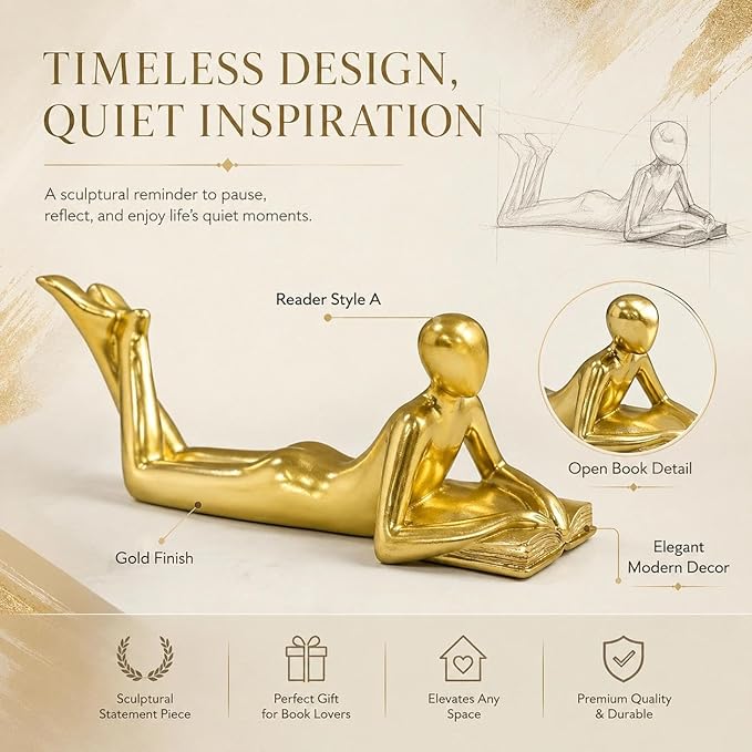 Gold Reading Statue Style A, Abstract Reader Figurine, Resin Book Decor for Bookshelf, Coffee Table, Desk Shelf Decor, Gift for Book Lovers