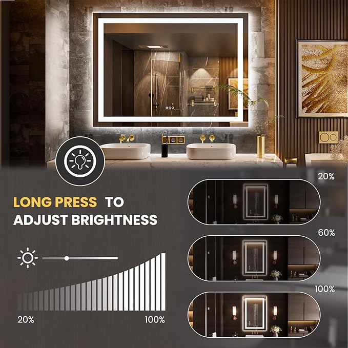 LOAAO 52"x36" LED Bathroom Mirror with Lights, Anti-Fog, Dimmable, Backlit + Front Lit, Lighted Bathroom Vanity Mirror for Wall, Memory Function