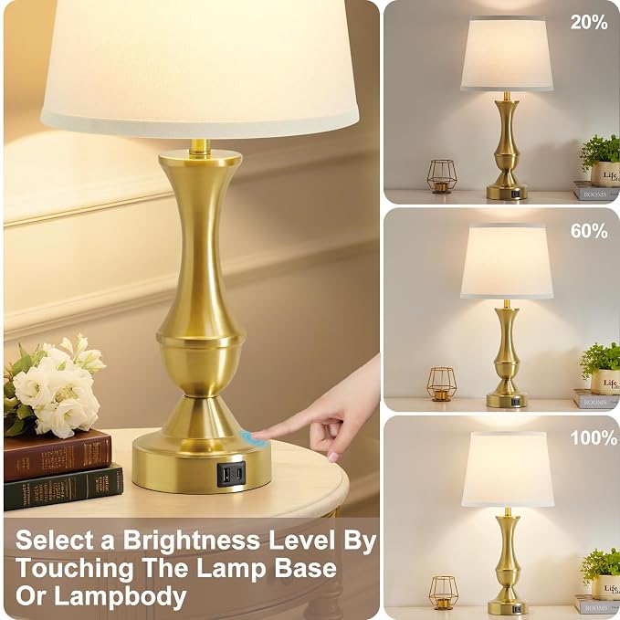 Luvkczc 22" Gold Table Lamps Set of 2 - Modern Luxury Bedside Lamps with White Fabric Shade, Dimmable & Dual USB C+A Ports, Nightstand Lamps for Bedroom/Living Room (Bulb Included)