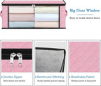 HomeHacks Storage 6-Pack Clothes Organizer Storage Bags Foldable Storage Box with Large Clear Window Sturdy Handles for Closet, Dorm, Pillows, Bedding, Clothes, Blankets, 35L, Pink