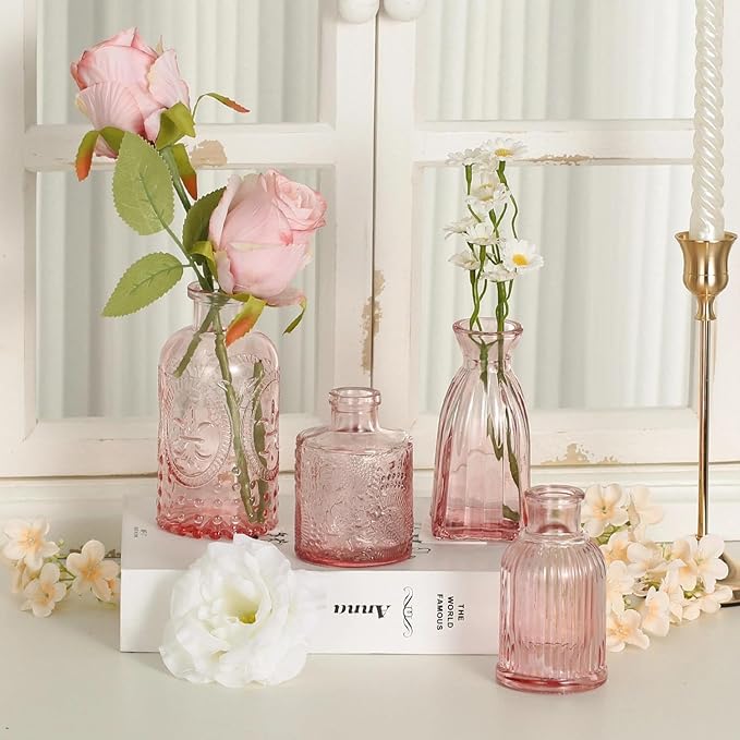 Mini Bud Vases Centerpieces for Tables,Clear Bud Vases for Flowers,Small Flower Vases Suitable for Birthday Party,Anniversary,Wedding Reception,Baby Shower (Pink, 12PCS)