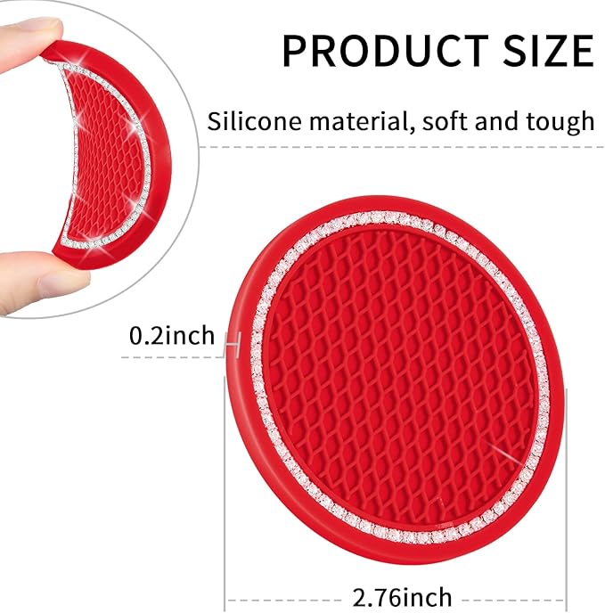 COCASES Car Coasters, 4 Pack Vehicle Bling Car Coaster, Universal Rhinestone Coaster for Cup Holders, Car Interior Accessories Silicone Car Coasters for Women(2.75'' Red, White Crystal Circle)