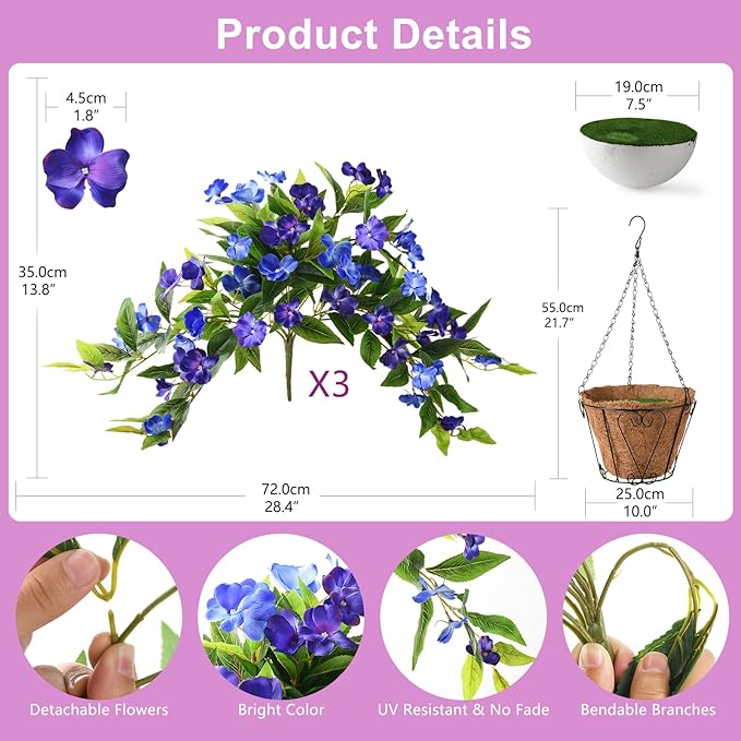 Artificial Fake Hanging Flowers Plants Basket for Outdoors Outside Decoration UV Resistant Faux Silk Flowers Look Real Plastic Flowers for Spring Planters Home Porch Patio Garden Decor
