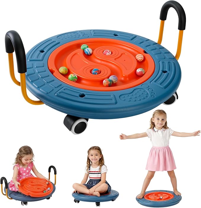 3-In-1 Balance Scooter Board for Kids，Plastic Wobble Balance Board Rocker Maze with Handles, 5 Balls, Toddler Floor Scooter Boards for Sensory Training, Physical Therapy