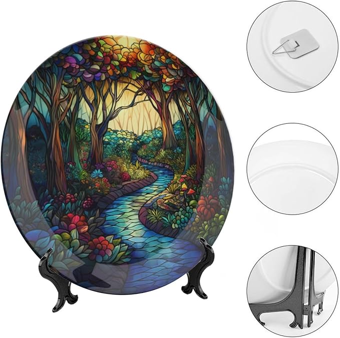 Stained Glass Theme Decorative Ceramic Plate Round Porcelain Plate,10 inch,Sunrise Forest Stream Pattern,for Decorative Ornaments Giving Plates, 1 Plate with 1 Display Stand,Multicolor