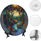 Stained Glass Theme Decorative Ceramic Plate Round Porcelain Plate,10 inch,Sunrise Forest Stream Pattern,for Decorative Ornaments Giving Plates, 1 Plate with 1 Display Stand,Multicolor