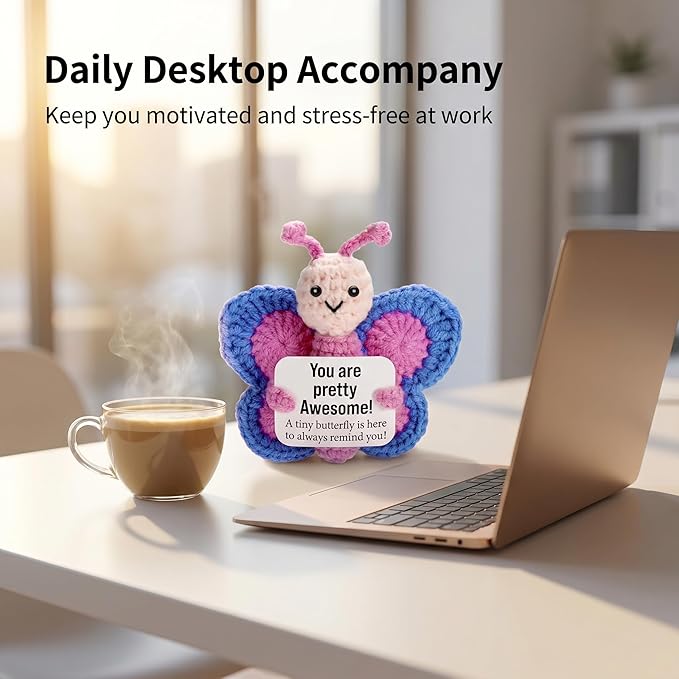 SecretCastle Positive Crochet Butterfly AnimalsEmotional Support Crochet Doll Desk Decor Pickle Gifts Emotional Support Plush for Women Girls Men Mom