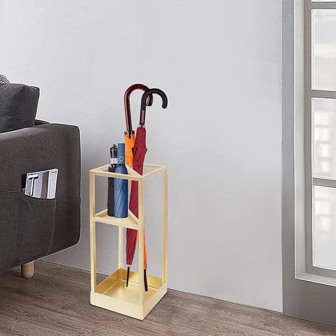 Umbrella Rack for Entryway Modern Freestanding, Metal Umbrella Stand with Drip Tray, Holds Canes/Hiking Poles, for Home Office, 7.9"x7.9"x20.9" (Gold)